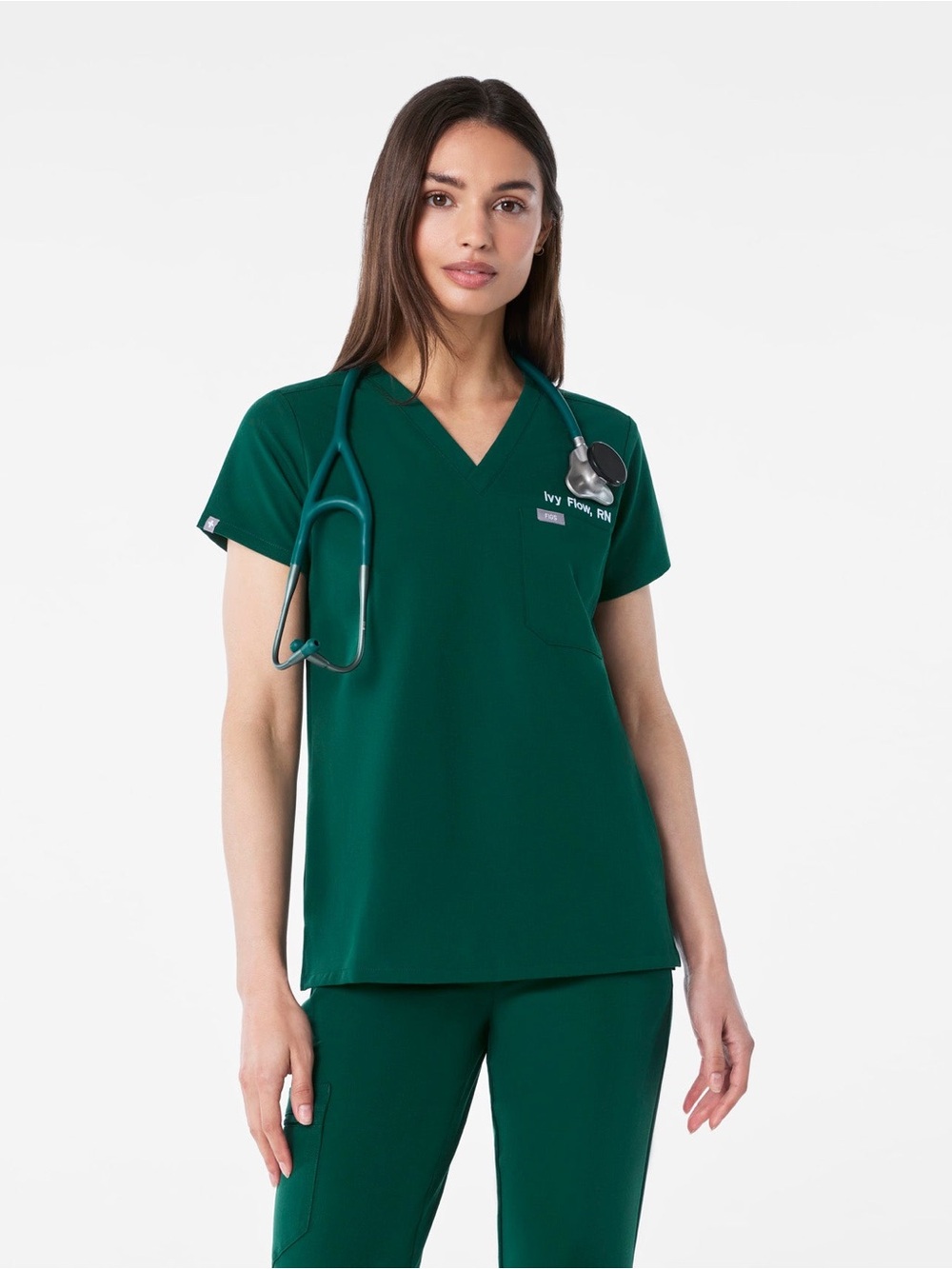 FIGS Catarina Scrub Top Forest Green V-Neck Short Sleeve